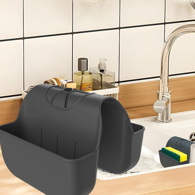 Sponge Holder for Kitchen Sink, Silicone Sink Saddle Caddy Organizer Rack, Sponges Holder Over Faucet, Hanging Kitchen Sink Organizer Accessories Rack Basket-Black