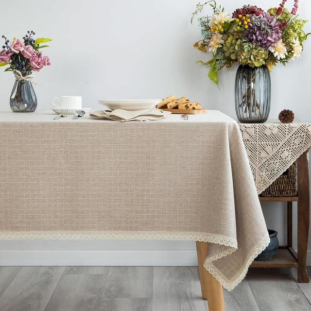 GLORY SEASON Lace Trim Tablecloth Linen-Look Textured Rustic Burlap Stlye Machine Washable Solid Heavy Weight Rectangle/Oblong Table Cloth Cover for Kitchen Dinning Tabletop Decoration 55x86 in Beige