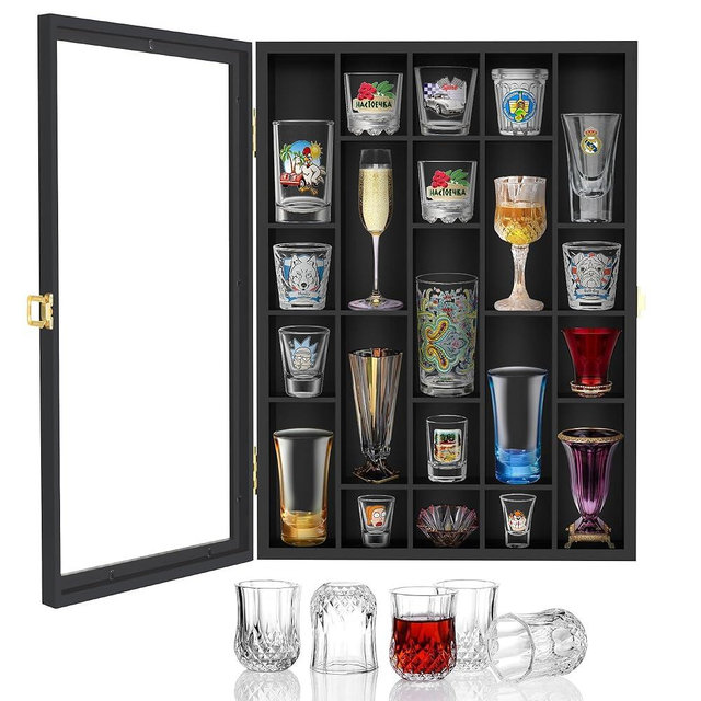 Black Shot Glass Display Case Wall Mounted, Irregular Shot Glass Holder Storage for Home and Bar Decor