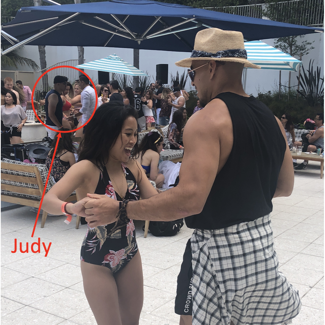 The day I met Judy, I tricked my buddies into coming to a "pool party," which was actually a salsa event. This was my first site of the girl in the red bikini, who would later become my wife.