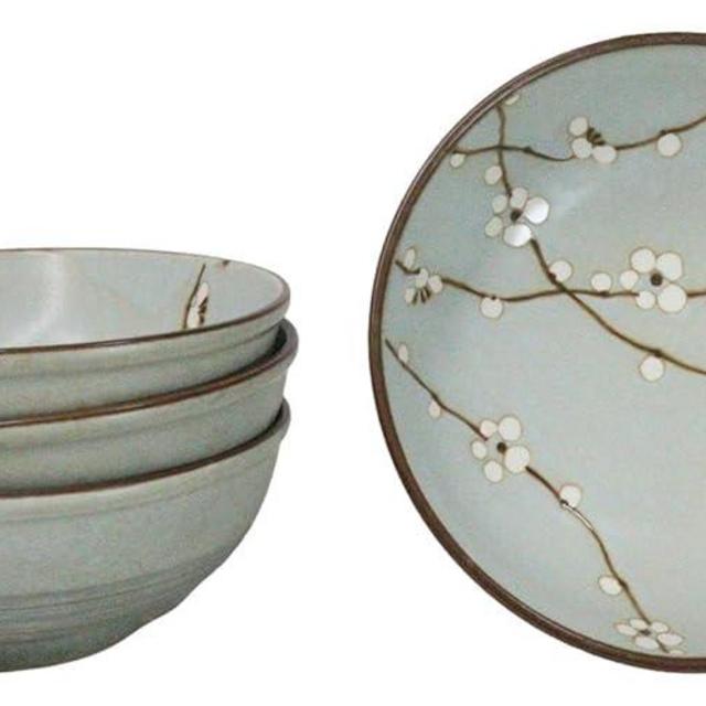 Ebros Gift Pack Of 4 Restaurant Grade Japanese Soushun Sakura Spring Cherry Blossoms Blue Plum Porcelain Thick Double Wall Large Salad Soup Cereal Bowls 36oz 7.75" D