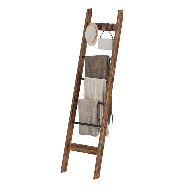 Hzuaneri Blanket Ladder Shelf for Living Room, Decorative Wood Quilt Rack with 4 Removable Hooks, 6-Tier Farmhouse Ladder Holder Organizer for Bedroom, Rustic Brown and Black BR31501B