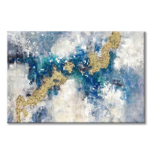 UTOP-art Abstract Artwork Modern Canvas Picture: Blue & Gold Painting on Canvas for Wall (45'' x 30'' x 1 Panel)