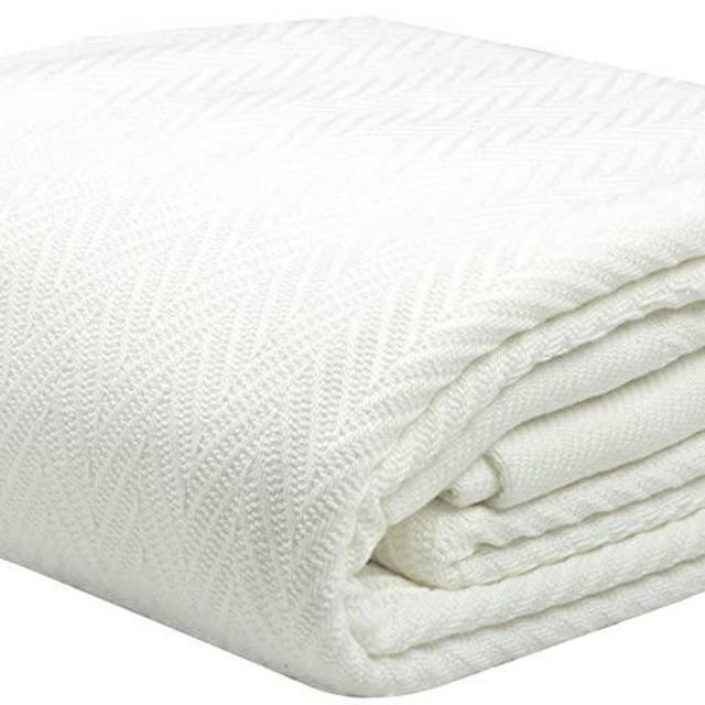 Threadmill Home Linen 100% Pure Cotton Blanket Herringbone Soft Breathable Twin Size White