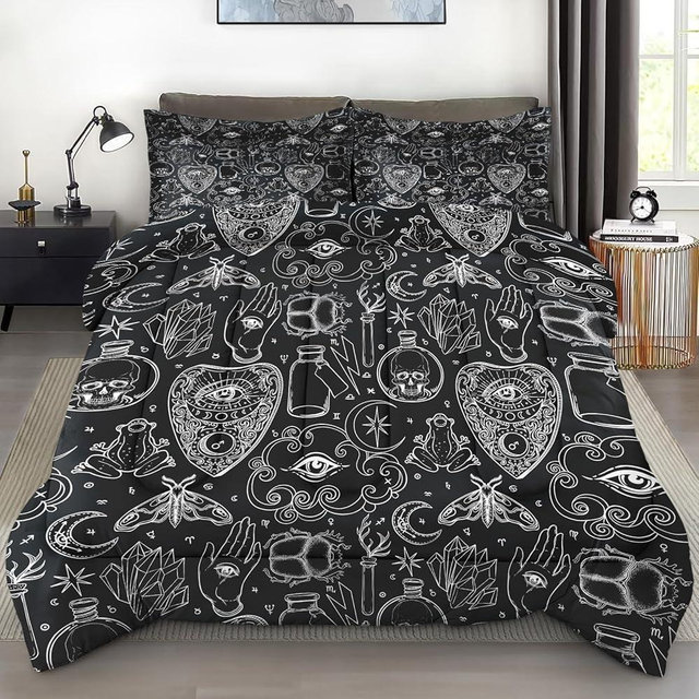 Pamnest Comforter Set Queen Size, Medieval Retro Soft 3 Pcs Bedding for Kids and Adults, Gothic Black Comforter Set with 2 Pillowcases, for Bedroom Bed Decor