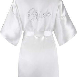 Women's One Size Silver Rhinestones Bride Short Satin Robes for Getting Ready