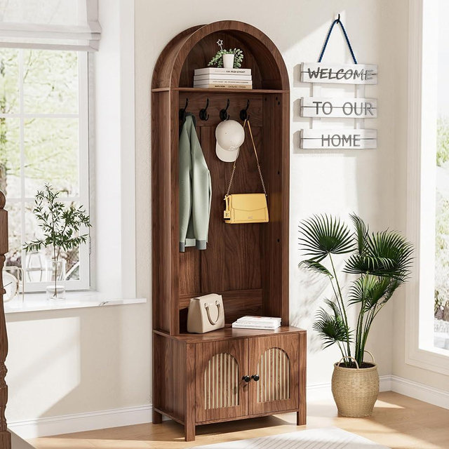 Mxtxmy Hall Tree with Bench and Shoe Storage, Entryway Storage Bench with Coat Rack, 70.9" Arch Coat Rack with 4 Hooks and 2 Fluted Doors, Farmhouse Style Furniture Organizer for Hallway,Mud Room