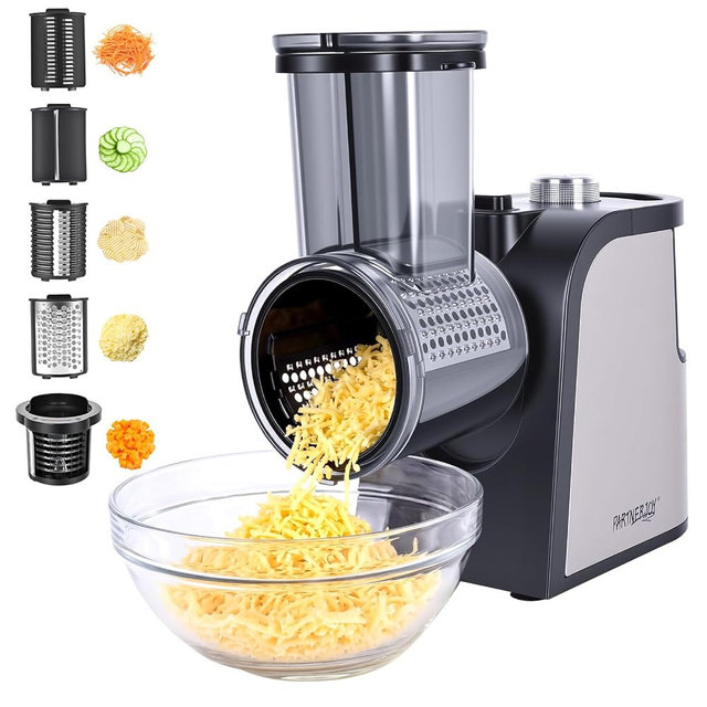 Electric Cheese Grater with Electric Dicing Function, 250W Professional Salad Maker & Electric Cheese Shredder, 5-in-1 Automatic Food Processor with Wide Feed Chute & 5 Stainless Steel Blades
