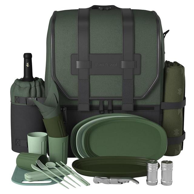 Picnic Backpack for 2 or 4, Picnic Bag. Couple Gifts, Insulated Picnic Basket Set for 4, Camping Gifts for Couples Who Have Everything. Modern Picnic Basket with Blanket, Wine Pouch. (Fern and Moss)