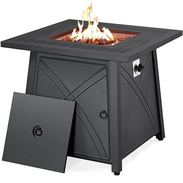 Yaheetech 28 Inch Gas Fire Pit Table with Lid and Iron Tabletop for Outdoor, 40000 BTU Propane Fire Table with Lava Rocks, Heavy Duty 2 in 1 Square Firepit Table for Patio/Backyard/Party, Black