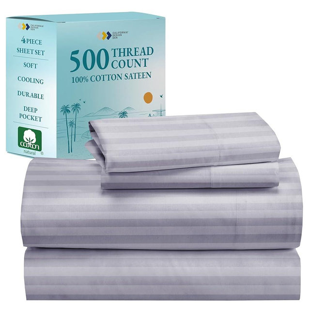 California Design Den - Deep Pocket Queen Sheet Sets, Soft 100% Cotton Cooling Sheets with Snug Fit Elastic, 500 Thread Count, 4-Pc, Hotel Quality, Damask Stripe Bedding for Home (Stripe - Lavender)