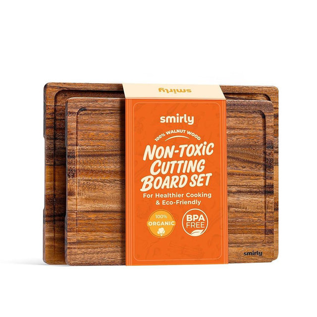 SMIRLY Walnut Wood Cutting Boards for Kitchen, Set of 2 Large - Small, Walnut Wooden Cutting Board Set with Deep Juice Grooves, Non Toxic Serving Tray