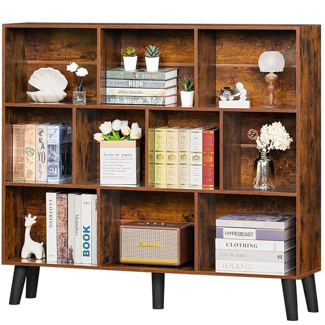 LEYAOYAO 10 Cube Bookshelf,3 Tier Modern Wide Bookcase with Legs,Mid-Century Wood Bookshelves Storage，Brown Large Book Case,Freestanding Organizer Display Shelf for Bedroom,Living Room,Office