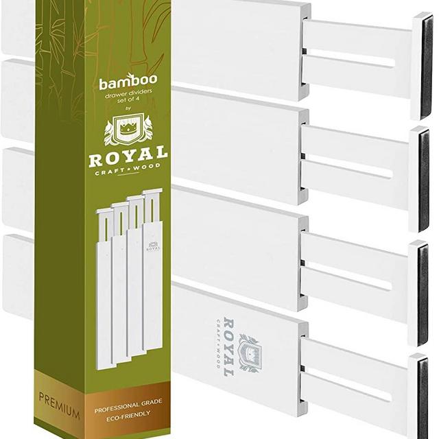 Adjustable Bamboo Drawer Dividers Organizers - Expandable Drawer Organization Separators For Kitchen, Dresser, Bedroom, Bathroom and Office, 4-Pack (17-22 IN, White)