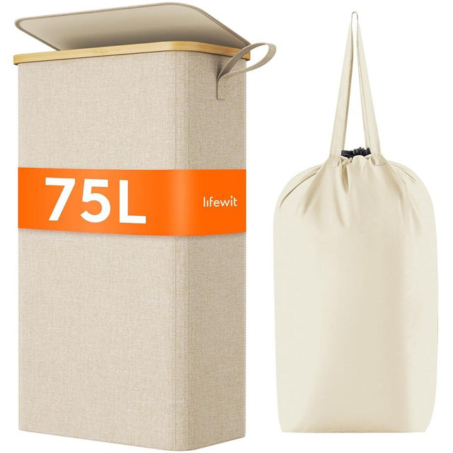Lifewit 75L Slim Laundry Hamper with Lid, Narrow Laundry Basket with Removable Bag & Bamboo Handles, Fodable Thin Dirty Clothes Hamper for Laundry Collapsible Bin for Bathroom Bedroom Dorm, Beige