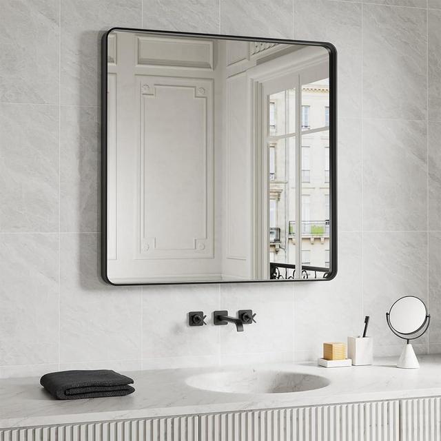 JISOSO Black Wall Mounted Mirror for Bathroom, 36 x 36 Inch Black Rectangular Metal Framed Vanity Mirror, Rounded Corner, Tempered Glass, Anti-Rust(Horizontal/Vertical)