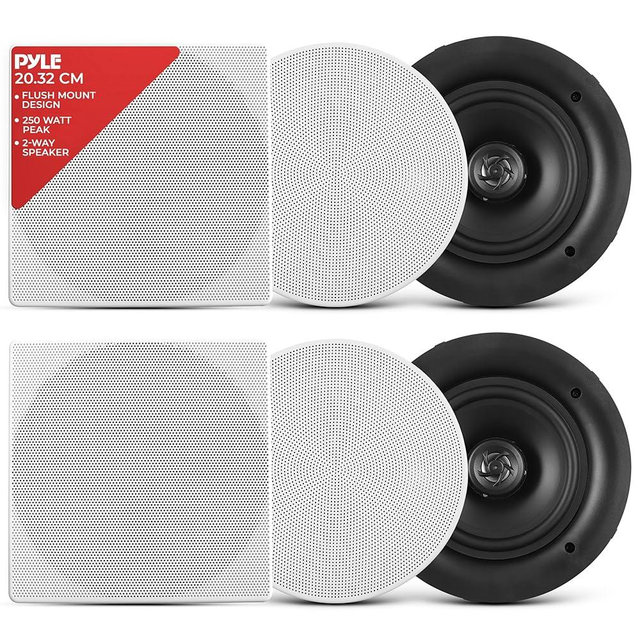 Pyle 8.0" Ceiling Wall Mount Speakers - Pair of 2-Way Full Range Sound Stereo Speaker Audio System Flush Design w/ Electronic Crossover Network 40Hz-20kHz Frequency Response & 250 Watts Peak - PDIC86