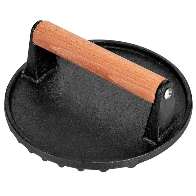 Whaleme Burger Press, Blackstone 7” Round Heavy-Duty Cast Iron Smash Meat Steak with Wooden Handle for Blackstone Griddle, Ideal for Patty, Panini, Steak & Sandwiches, Nonstick Pan
