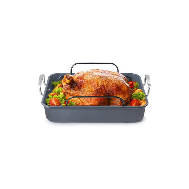 BLACK+DECKER Large Turkey Roasting Pan with Rack, 0.8mm Carbon Steel Baking Pan with Ceramic Non-Stick Coating, Cooking Pan