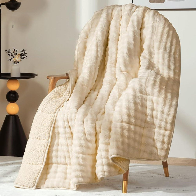 Cottonblue Weighted Blanket 15lbs Bubble Fleece Plush Sherpa Heavy Weighted Blankets for Adults, Fits Twin/Full Size Bed, Cute Fuzzy Warm Heavy Blanket for Calm and Better Sleep, 48"x72", Beige