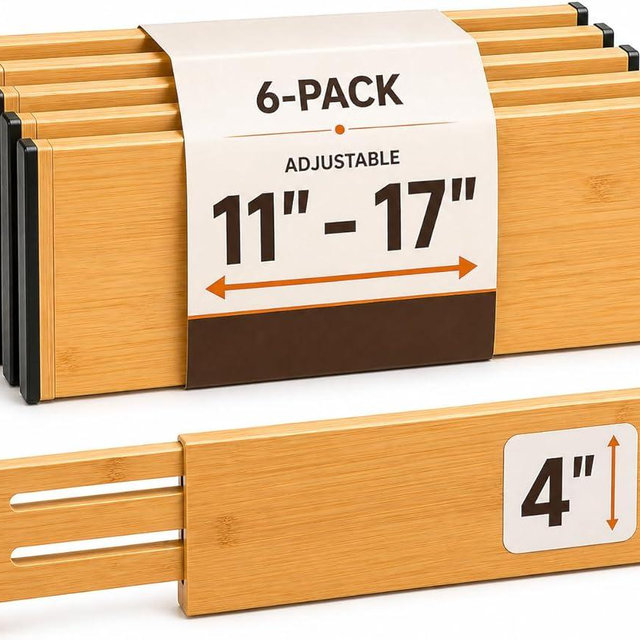 6-Pack Drawer Dividers - 4 Inches High, Adjustable 11 to 17 Inches Bamboo Drawer Organizers, Large Deep Expandable Separators for Clothes, Dresser, Bedroom, Bathroom, Baby, Office, Kitchen Utensils