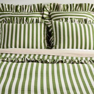 Maeve Cotton Striped Ruffle Printed Duvet Cover in Green