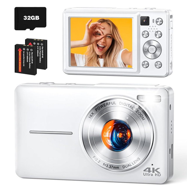 YAXTIFIU 4K Digital Camera, 64MP Autofocus Vlogging Camera with Front Rear Lens, Flash, 16X Zoom, Anti-Shake, 32GB Card, Compact Point Shoot Camera for Teens Adult Beginner Travel Photography(White)