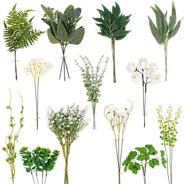 CEWOR Artificial Greenery Stems Box Set 45pcs with 13 Kinds of Fake Greenery Faux Eucalyptus Plant Branches for Wedding Vase Bouquet Table Centerpieces and Spring Floral Arrangement Decor (Green)