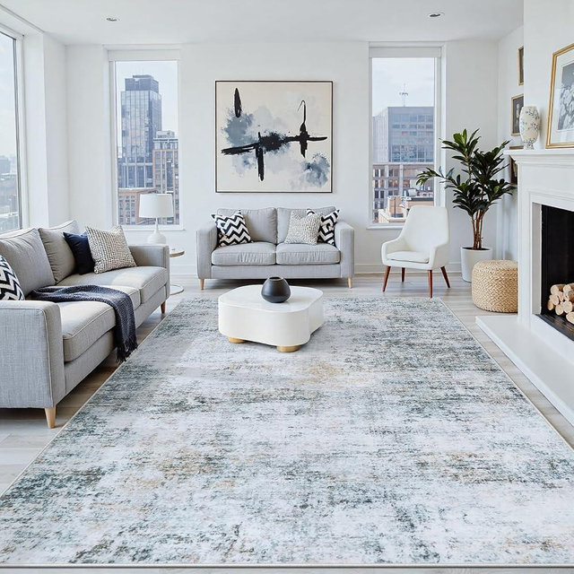 6x9 Area Rugs Washable Rug:Anti-Skid Abstract Modern Living Room Rug Soft Thin Carpets Indoor Floor Non-Shedding Carpet for Bedroom Dining Farmhouse Nursery Home Office(Blue/Grey/Gold/White, 6x9)
