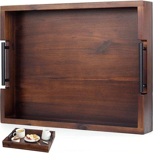Ottoman Tray (16.5x12.5 Inch) Acacia Wood Serving Tray with Black Metal Handles, Great for Ottoman Tray, Food Tray, Breakfast Tray, Eating Tray (Vintage Wood Color)