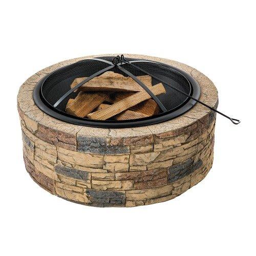 Sun Joe SJFP35-STN Cast Stone Base, Wood Burning Fire Pit w/Dome Screen and Poker