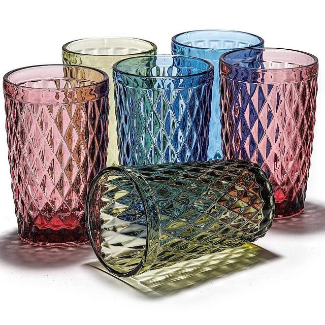 ZOOFOX Set of 6 Colored Drinking Glasses, 12oz Embossed Tumblers with Heavy Base, BPA-Free, Vintage Glassware Set for Wedding or Parties