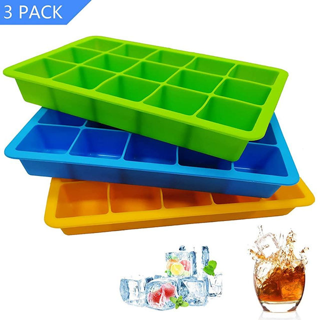 Ice Cube Trays 3 Pack, Flexible 15-Cavity Silicone Ice Cube Molds - BPA Free, Ice Tray Stackable Easy ReleaseIce, Ice Cube for Cocktail, Whiskey, Baby Food, Chocolate (3 Colors - Orange/Blue/Green)