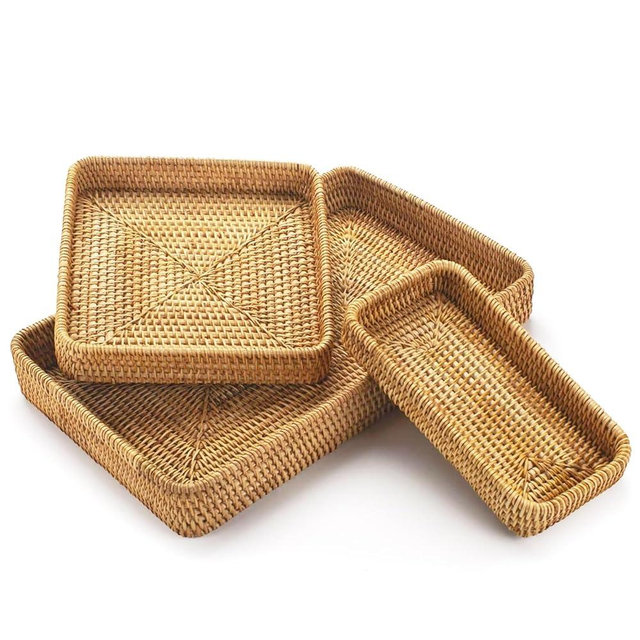 S310 Rattan Serving Tray, Set of 3 Rectangle Woven Tray, Natural Wicker Decorative Serving Baskets for Organizing Tabletop Bathroom Kitchen Counter (Natural)