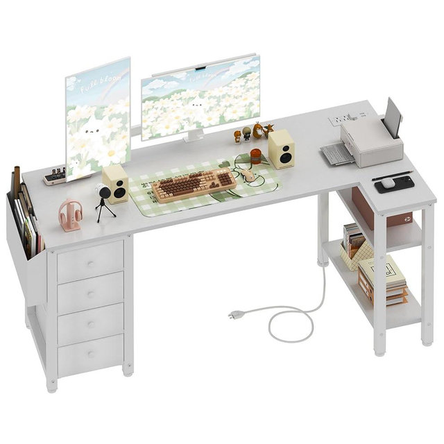 Lufeiya White L Shaped Desk with Drawers & Storage Shelves, 55 Inch Corner Computer Desk with Power Outlet for Home Office Bedroom, L-Shaped Teen PC Desks with Fabric Drawer, White