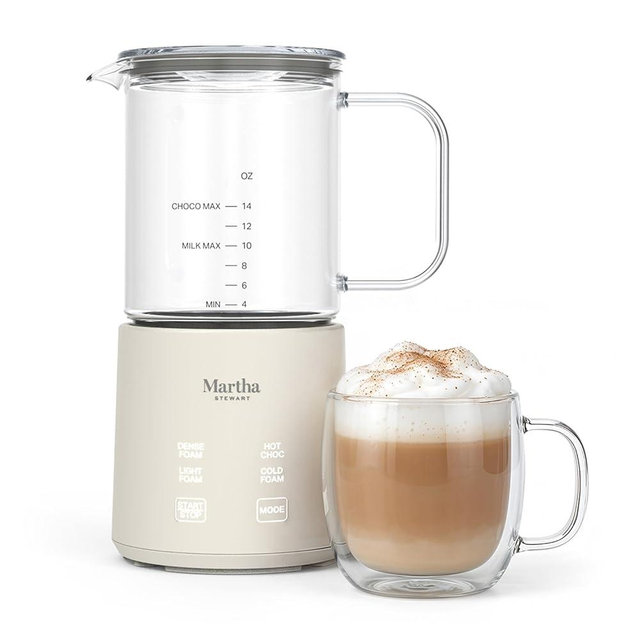 Martha Stewart Milk Frother and Steamer, 10oz/300ml Glass Cup, 4 Presets (Cold Foam, Light, Dense & Hot Chocolate), Ready in 90 Seconds, Cordless Pouring, One-Touch for Hot and Cold Milk, Linen White