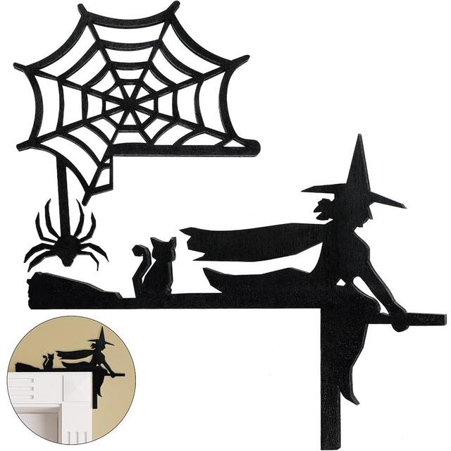 Jetec 2 Pieces Halloween Door Corner Sign Witch on Broom Spider Web Door Corner Decor Wood Halloween Door Corner Sign for Halloween Home and Party Door Right Angle Halloween Sign, Black
