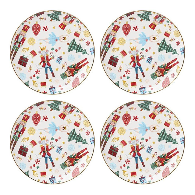 Lenox Dinnerware Set, Nutcracker Ballet Accent Plates, Service for 4 Porcelain Dinnerware, Microwave & Dishwasher Safe, Pasta, Salad and Dinner, Nutcracker Christmas Accent Plates (Assorted, 4 Piece)