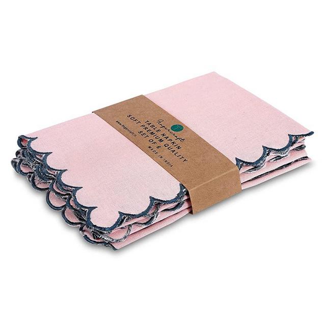 Dinner Napkins, Everyday Use, Premium Quality Cotton Linen Blend Napkins set of 6 Perfect for Parties Dinners Weddings Cocktail Christmas Napkins Cloth Washable & Reusable 18 x18 –VFC-SCALLOP-PINK