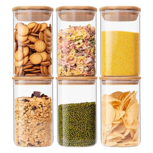 Glass Food Storage Jars 37 oz Set of 6,Glass Storage Containers Clear Glass Food Canister with Bamboo Lid Airtight For Serving Tea, Coffee, Flour, Sugar, Candy, Cookie, Spice and More (Square)