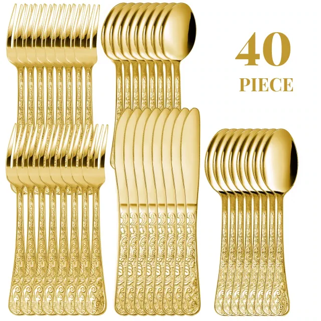 40-Piece Gold Flatware Set for 8, Stainless Steel Retro Silverware with Vintage Baroque Design, Mirror Finish & Dishwasher Safe