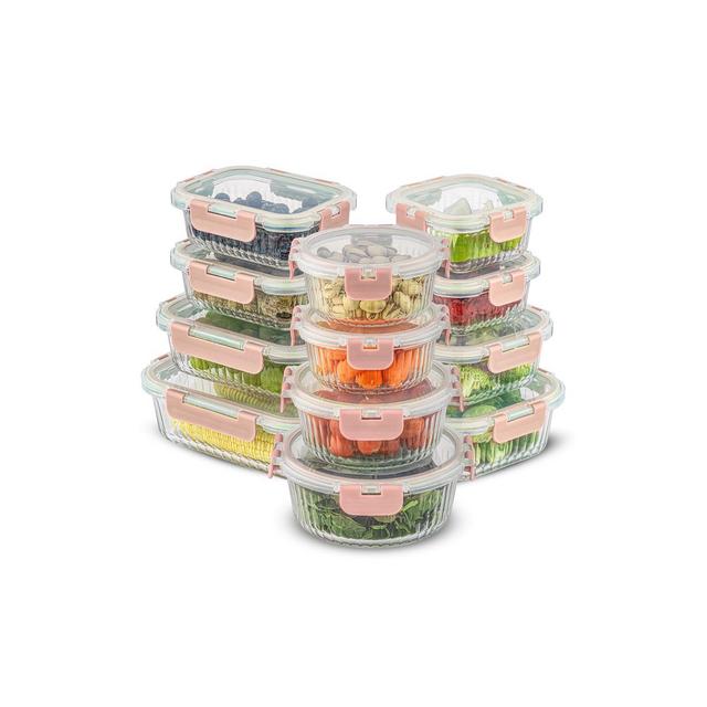 JoyJolt 24 Piece Fluted Glass Food Storage Containers with Leakproof Lids Set - Pink