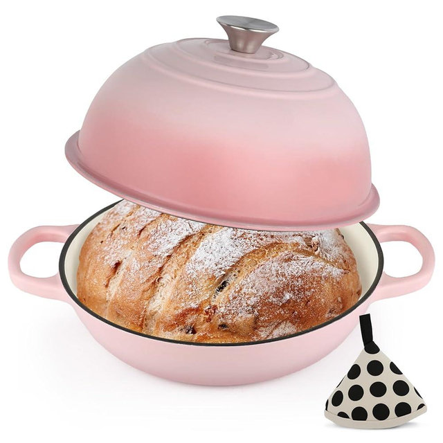 Enameled Cast Iron Bread Oven, Dutch Oven Pot with Lid & Cotton Potholder, 10" Bread Dutch Oven for Bread Baking, 6 Quarts Bread Pan with Dome Lid, Non-stick Cookware for Homemade Bread, Pink