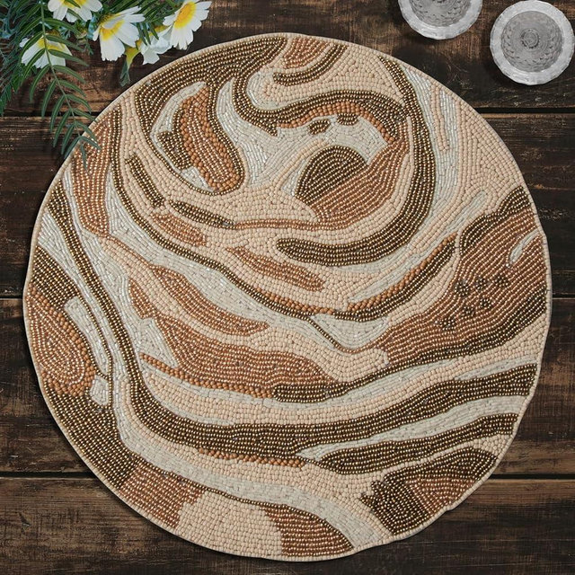 Decozen Round Placemats, Set of 6 - Charger Plates Beaded Table Mats 14 Inches Heat Resistant Mat, Farmhouse, Kitchen, Wedding, Mothers Day Decorations, Spring, Home Decor Placemat Brown Beige
