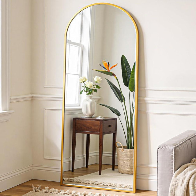 NEWBULIG Arched Full Length Mirror 59.2"x16" for Bedroom, Full Body Mirror with Stand, Hanging or Leaning for Wall, Aluminum Alloy Thin Frame Floor Standing for Living Room, Tall, Gold