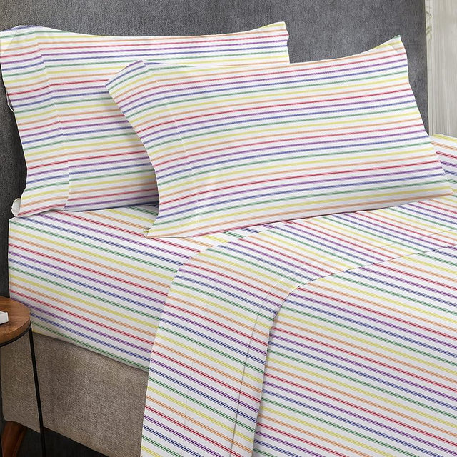 California Design Den Rainbow Stripe Queen Sheet Set, 4 Piece 100% Cotton Sheets Deep Pocket, Luxury 400 Thread Count Sateen (Rainbow Striped Sheets)