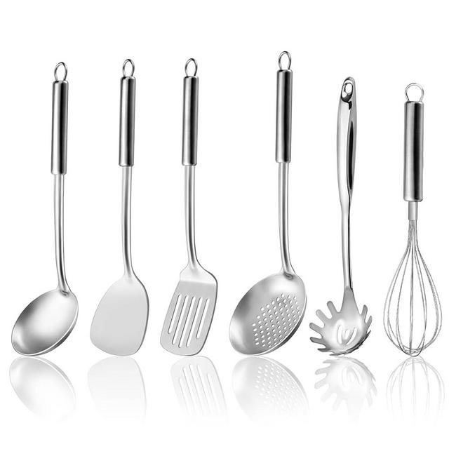 Gymdin 6-Piece Kitchen Cooking Utensils Set, Stainless Steel Kitchen Utensils with Suspendable Handle, Spatula, Slotted Turner, Soup Ladle, Slotted Spoon, Whisk, Pasta Server, Dishwasher Safe