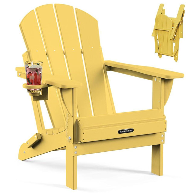 MUCHENGHY Folding Adirondack Chairs, Patio Chairs, Lawn Chairs, Outdoor Chair, Adirondack Chair Plastic, Fire Pit, Weather Resistant with Cup Holder for Deck, Backyard, Garden(Olive Yellow)