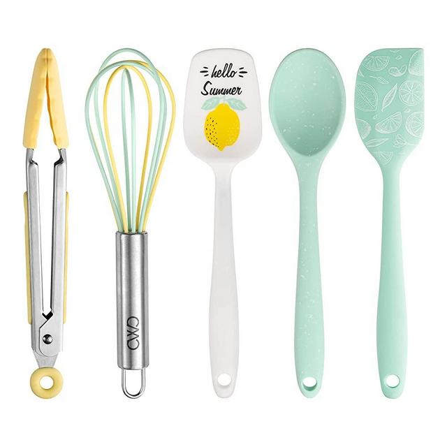 COOK WITH COLOR Set of Five MINI Kitchen Utensil Set - Silicone Kitchen Tools, Whisk, Tong, Spatula, Spoonula and Spoon (Lemon Collection)