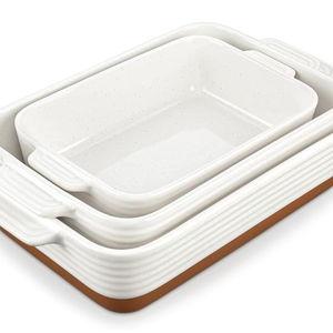 MALACASA Casserole Dishes for Oven, Ceramic Baking Dishes Set of 3, 1.45/2.7/3.8L Rectangular Baking Pan Set, Deep Lasagna Pan with Handles, Khaki White (14.5"/13"/10.5"), Series TARA